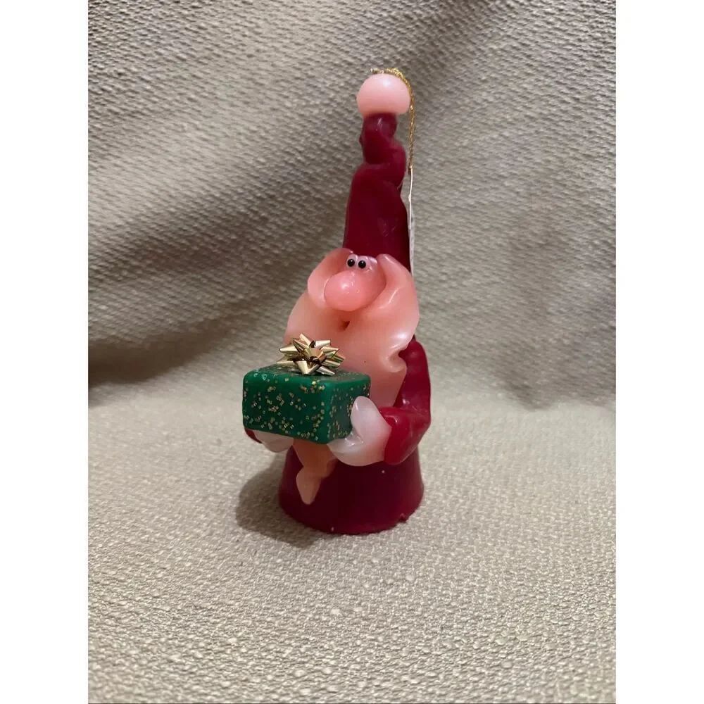 Vintage Northern Lights Candle Santa Gnome Holding Glitter Green Present Gift 7”